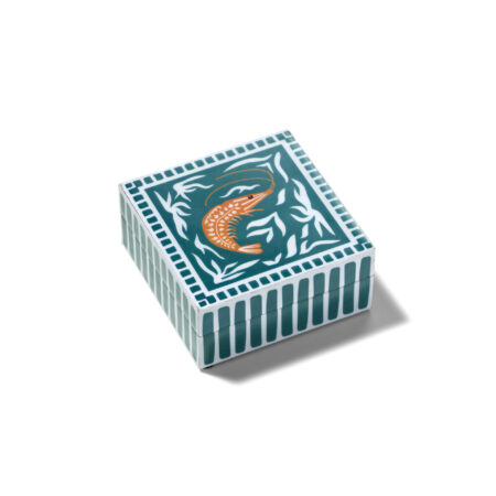 Kleine petrolfarbene Holzbox mit Garnelenmotiv von Oceanstore Design