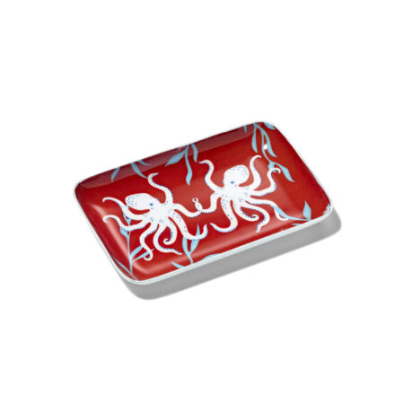 Kleines rotes Tablett mit zwei weißen Oktopussen von Oceanstore Design