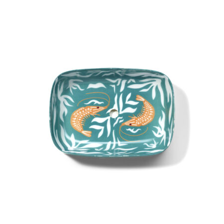 Petrolfarbene Seifenschale mit orangefarbenen Garnelen von Oceanstore Design
