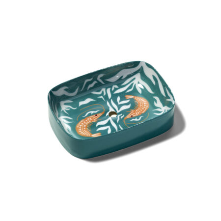 Petrolfarbene Seifenschale mit orangefarbenen Garnelen von Oceanstore Design