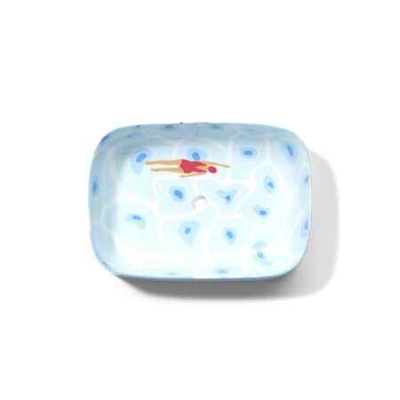 Hellblaue Seifenschale mit Schwimmerin und Poolmotiv von Oceanstore Design