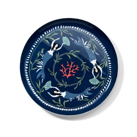 Rundes dunkelblaues Tablett mit drei Meerjungfrauen und Korallen von Oceanstore Design